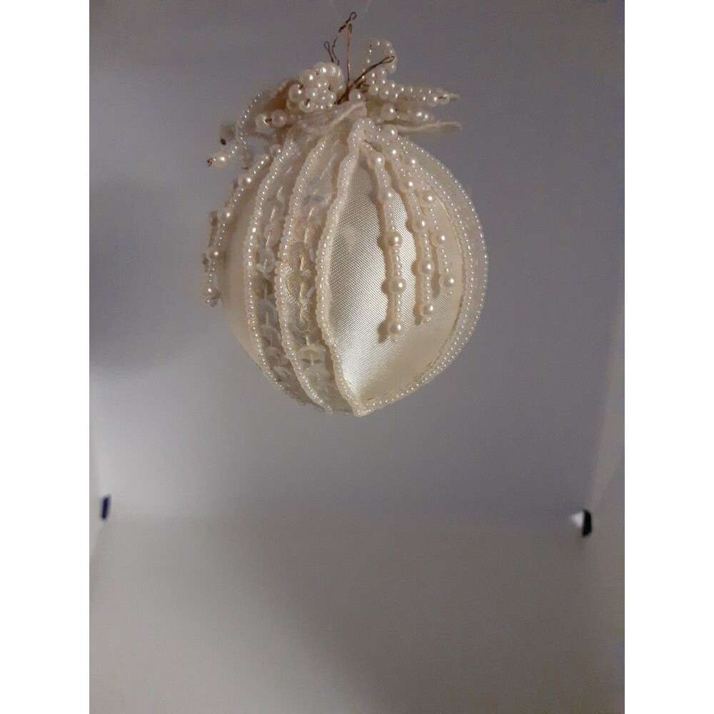 Vintage Frosted Glass White Lace Pearl Beaded Ball Christmas Ornament
